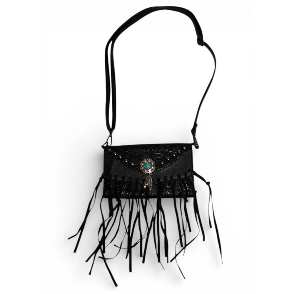 Black Tooled Leather Style Fringe Festival Crossbody Wallet with Turquoise‎
